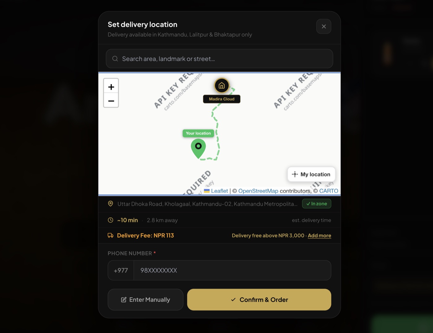 Madira Cloud — online liquor store in Kathmandu, delivery location screen